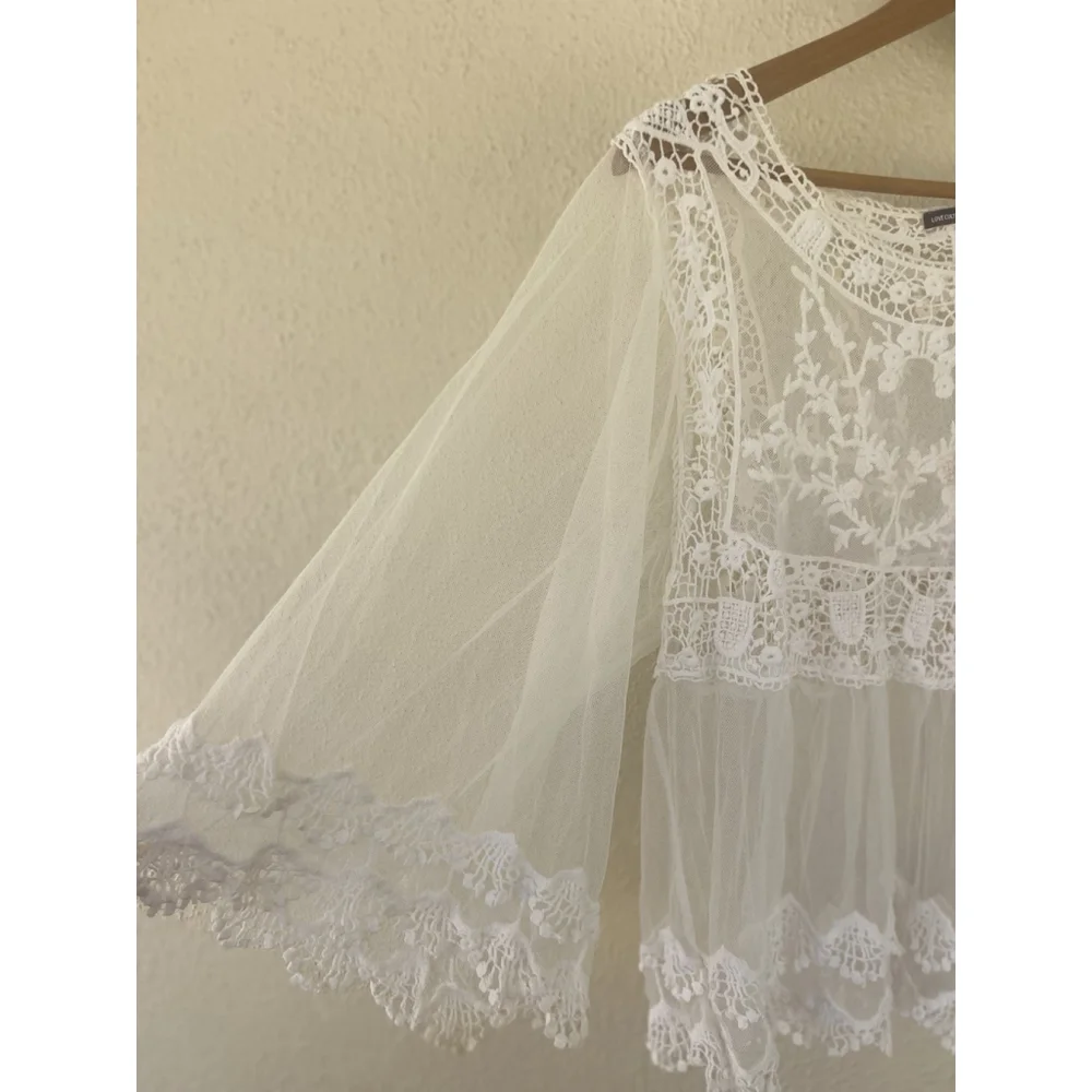 Love Culture Sheer Mesh Crochet Lace Bell Sleeve Blouse Boho Coquette Festival - Picture 4 of 8